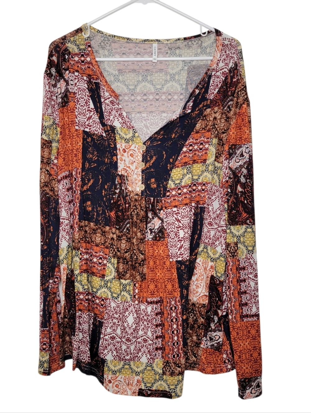 Cathy Size 3X Patchwork Print Boho Long Sleeve V-Neck Blouse